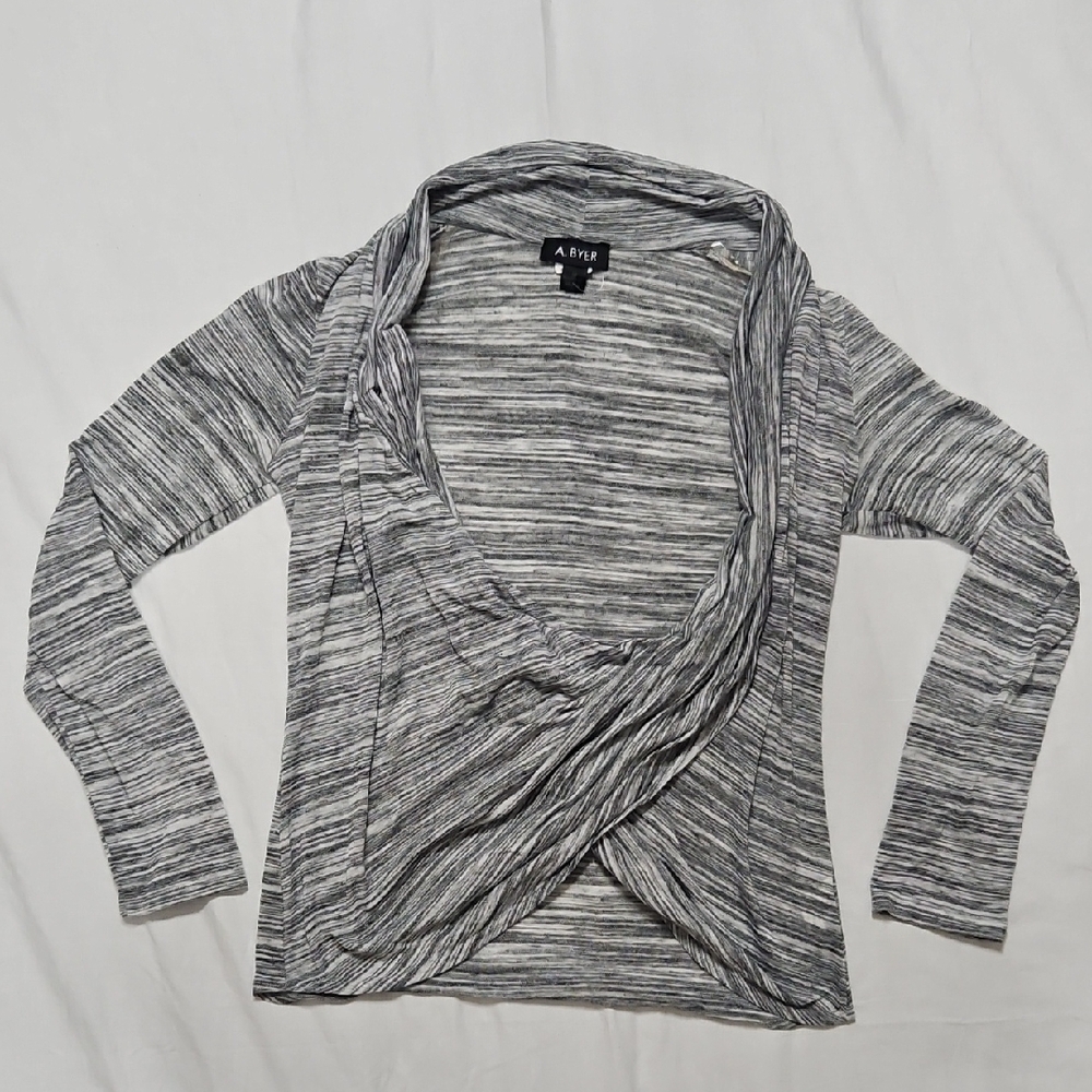 A. Byer Womens Sz M Front Wrap Cardigan Striped Cowl Top Pullover